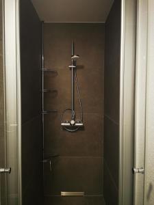 een douche in een badkamer met een glazen deur bij Naturnahe schöne neu gestaltete Ferienwohnung in Würselen