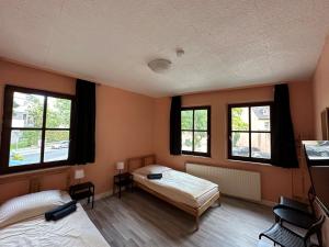 sypialnia z 2 łóżkami i 2 oknami w obiekcie Belle Vue w mieście Fürth