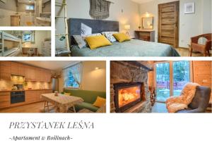 a collage of pictures of a bedroom with a bed and a fireplace at Przystanek Leśna in Targanice