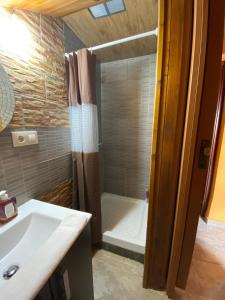 uma casa de banho com uma banheira, um lavatório e um chuveiro em Chalet Rialeda em Oleiros