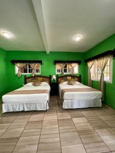 two beds in a room with green walls at Hotel Pazifico en Monterrico in Monterrico