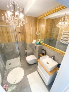uma casa de banho com um WC com lavatório e um chuveiro em Glamor Lux em Gdańsk