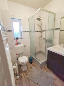 a bathroom with a shower and a toilet and a sink at Panoráma Garden in Zalakaros