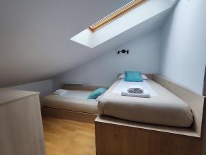 a bedroom with two beds in a attic at Allotjaments el Pont in Camprodon
