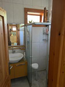 a small bathroom with a sink and a toilet at Beach Villas in Kemer
