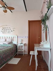 1 dormitorio con cama, tocador y espejo en B&B TERRA DI COLLINA, en Vigliano d'Asti