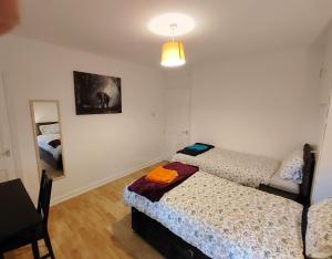 a bedroom with two beds and a mirror at Browning House in Lincoln