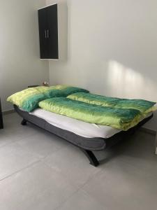 a bed in a bedroom with a green blanket on it at Leicht in Münsingen