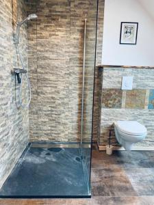 a bathroom with a shower and a toilet at Studio à la ferme 