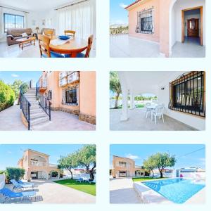 een collage van foto's van huizen en een zwembad bij Villa Chalet Riomar Playa Oliva in Oliva