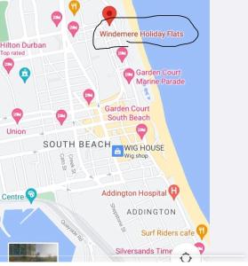 a map of south beach with pointers to attractions at Nomacurvy beach front accommodation in Durban