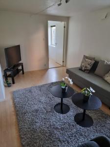 a living room with two tables and a couch at Apartment 7 min from the airport in Bergen