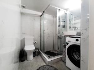 a bathroom with a shower and a toilet and a sink at Kremou Studio in Athens