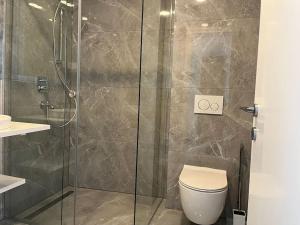 ein Bad mit einer Glasdusche und einem WC in der Unterkunft Villa Lelas-Apartment Mediterraneo in Omiš