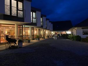 un cerf debout à l'extérieur d'un bâtiment la nuit dans l'établissement Hotel Altitude, à Burg-Reuland