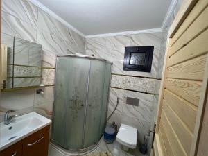 a bathroom with a shower and a toilet and a sink at Zambula bungalov in Trabzon