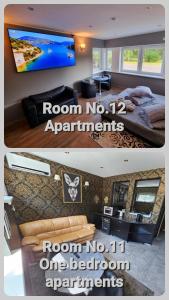 um quarto com televisão e um quarto sem apartamentos em Park apartments em Rokiškis