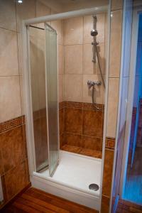 W łazience znajduje się prysznic ze szklanymi drzwiami. w obiekcie Chambre au Château de St-Pierre-Brouck w mieście Saint-Pierre-Brouck