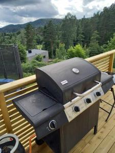 a grill sitting on top of a deck with a view at Hytte Sørlandet med spa in Froland Verk
