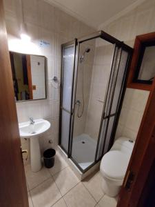 a bathroom with a shower and a toilet and a sink at Hostal Remember in Temuco