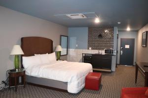 Habitación de hotel con cama y cocina en Historic Cow Palace Inn, en Lamar