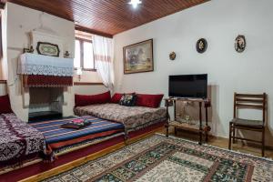 a living room with a couch and a fireplace at Monodendri Vintage House in Monodendri