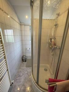a bathroom with a shower and a toilet at Haus und Garten nur für Dich in Duderstadt