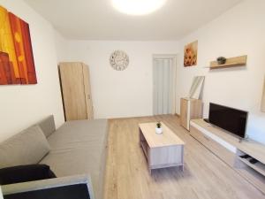 a living room with a couch and a coffee table at Apartman Lola Ruža in Zrenjanin