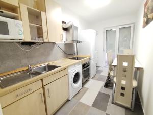 a kitchen with a sink and a washing machine at Apartman Lola Ruža in Zrenjanin