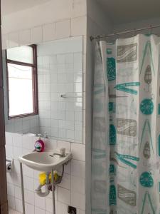 a bathroom with a sink and a shower curtain at Harmony Inn Miraflores in Lima