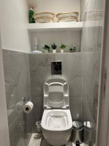 baño con aseo y estanterías con plantas en Charmant Appart Métro Proche Confort en Bagnolet