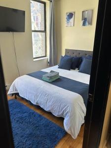 a bedroom with a bed with blue pillows and a television at 6-Bedroom Apartment by Central Park in New York