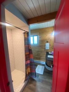 a bathroom with a shower with a shower curtain at SkyWater Cabins in Hamilton