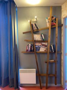 un estante de libros en una habitación con libros en Appartement idéalement situé wifi disponible, en Cauterets