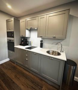 鲍内斯温德米尔1 West End Boutique Apartment的带水槽和台面的厨房