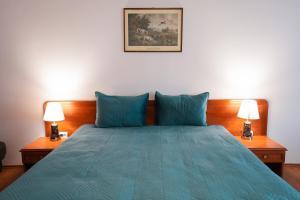 a bedroom with a blue bed with two lamps at Hotel Gold Inn in Peje