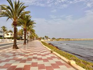 un trottoir avec des palmiers à côté de l'eau dans l'établissement Sweet Sandy Beach - 1 minute walk to Mediterranean beaches, à Santa Pola