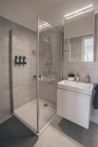 a bathroom with a shower and a sink at BP Serviced Apartment in Budapest