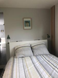 1 cama en un dormitorio con 2 almohadas en Gite normandie Omaha beach, en Colleville-sur-Mer