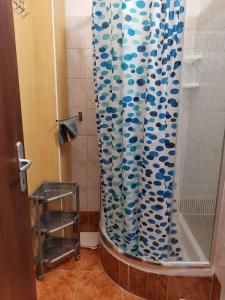 a bathroom with a shower with a blue and white shower curtain at Apartments Jakobina in Brodarica