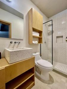 La salle de bains est pourvue de toilettes, d'un lavabo et d'une douche. dans l'établissement Casa San Fernando by Barrio México, à Guadalajara