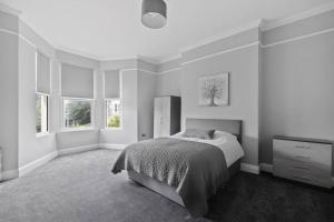 a white bedroom with a bed and two windows at Brand New Huge 2 Bedroom Ground Floor Flat in Plymouth