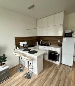 uma cozinha com armários brancos e um forno com placa de fogão em Apartmán Znojmo 1+1 em Znojmo