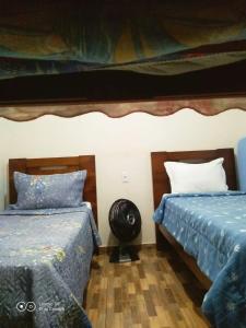 a bedroom with two beds and a fan on the floor at Casa da Seriema em Lapinha da Serra in Santana do Riacho