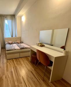 um quarto com uma secretária e uma cama com um espelho em Apartmán Znojmo 1+1 em Znojmo