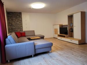 a living room with a couch and a tv at Alpenglück Montafon in Sankt Gallenkirch