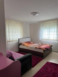 um quarto com uma cama e duas janelas em Aile Dağ evi em Arsin