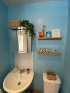 a blue bathroom with a sink and a toilet at Salcombe View in Kingsbridge +17 photos