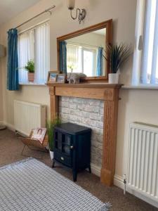 a living room with a fireplace and a mirror at Salcombe View in Kingsbridge