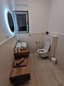 a small bathroom with a toilet and a window at Villa Bajlo in Ždrelac